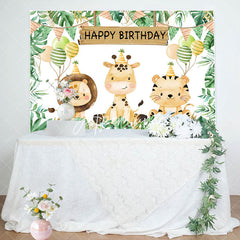 Aperturee - Aperturee Cute Jungle Animals Monstera Happy Birthday Backdrop