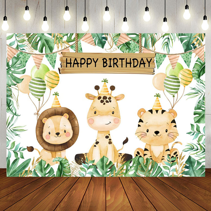 Aperturee - Aperturee Cute Jungle Animals Monstera Happy Birthday Backdrop