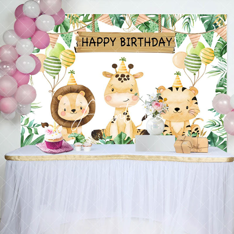 Aperturee - Aperturee Cute Jungle Animals Monstera Happy Birthday Backdrop