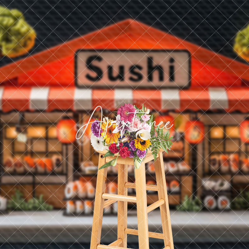 Aperturee - Aperturee Cute Orange Sushi Restaurant Cake Smash Backdrop