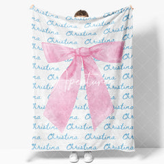 Aperturee - Aperturee Cute Pink Bow Tie White Blue Custom Name Blanket