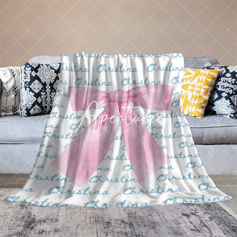 Aperturee - Aperturee Cute Pink Bow Tie White Blue Custom Name Blanket