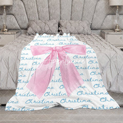 Aperturee - Aperturee Cute Pink Bow Tie White Blue Custom Name Blanket