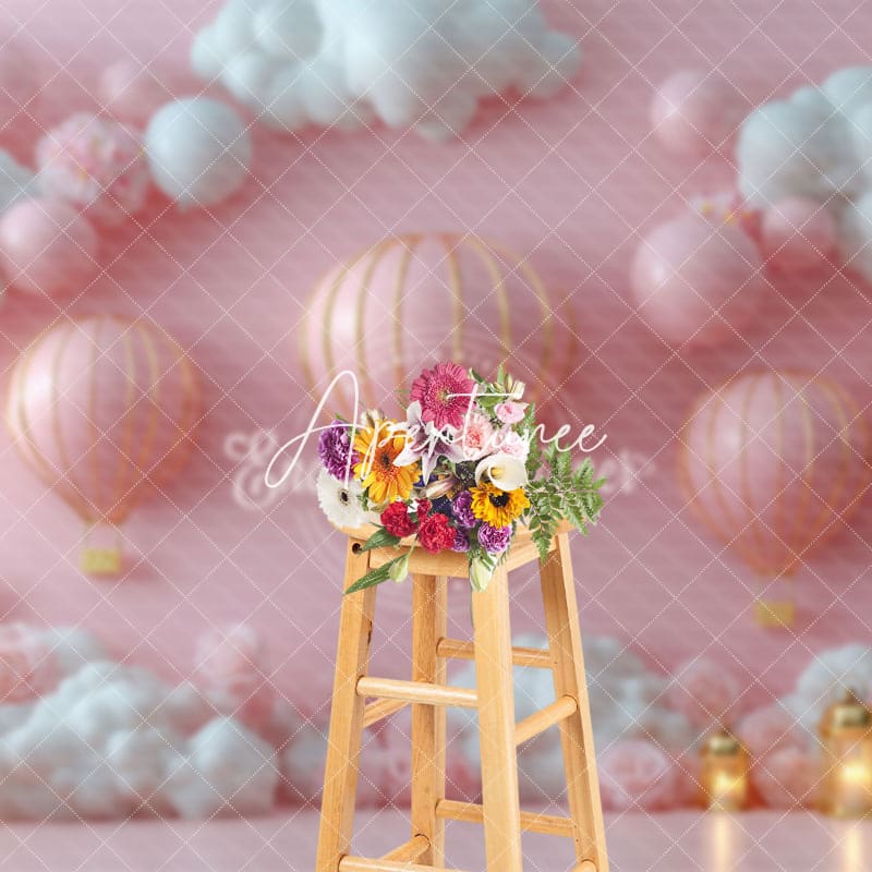 Aperturee - Aperturee Cute Pink White Hot Air Balloon Birthday Backdrop