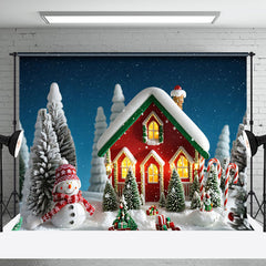 Aperturee - Aperturee Cute Red Little House Snowman Tree Christmas Backdrop