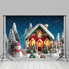 Aperturee - Aperturee Cute Red Little House Snowman Tree Christmas Backdrop