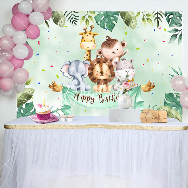 Aperturee - Aperturee Cute Safari Animals Greenery Happy Birthday Backdrop