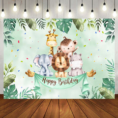 Aperturee - Aperturee Cute Safari Animals Greenery Happy Birthday Backdrop