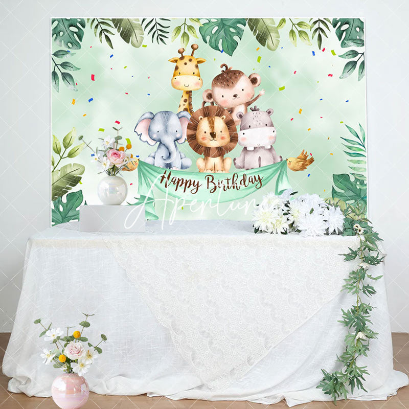 Aperturee - Aperturee Cute Safari Animals Greenery Happy Birthday Backdrop