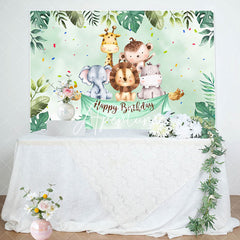 Aperturee - Aperturee Cute Safari Animals Greenery Happy Birthday Backdrop