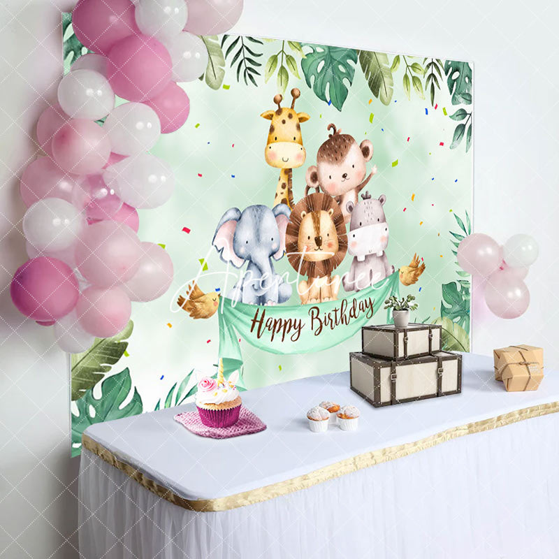 Aperturee - Aperturee Cute Safari Animals Greenery Happy Birthday Backdrop