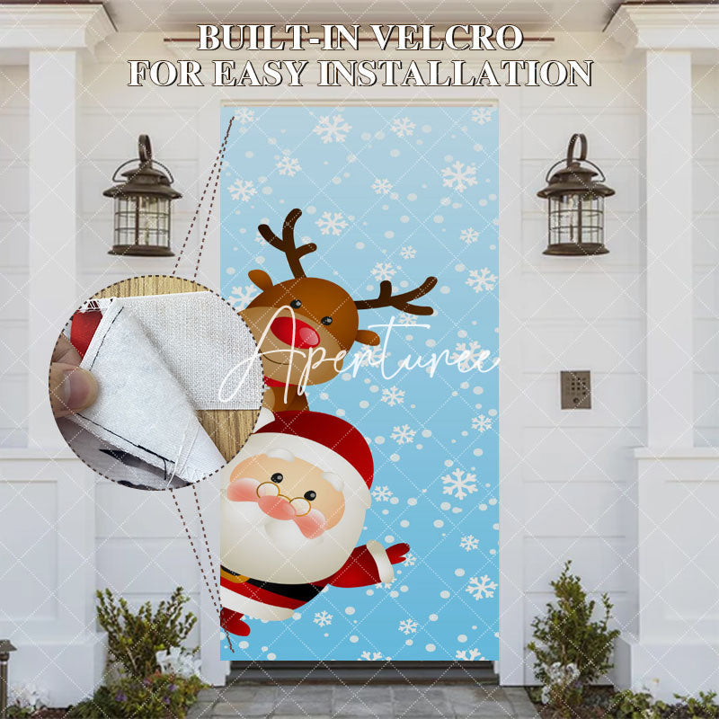 Aperturee - Aperturee Cute Santa Claus Elk Blue Snowy Christmas Door Cover