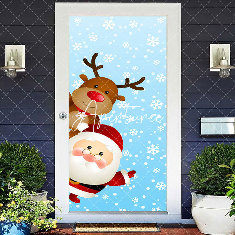 Aperturee - Aperturee Cute Santa Claus Elk Blue Snowy Christmas Door Cover