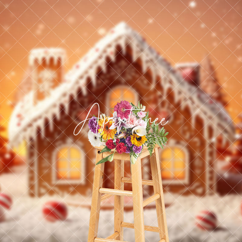 Aperturee - Aperturee Cute Snow Gingerbread House Tree Christmas Backdrop