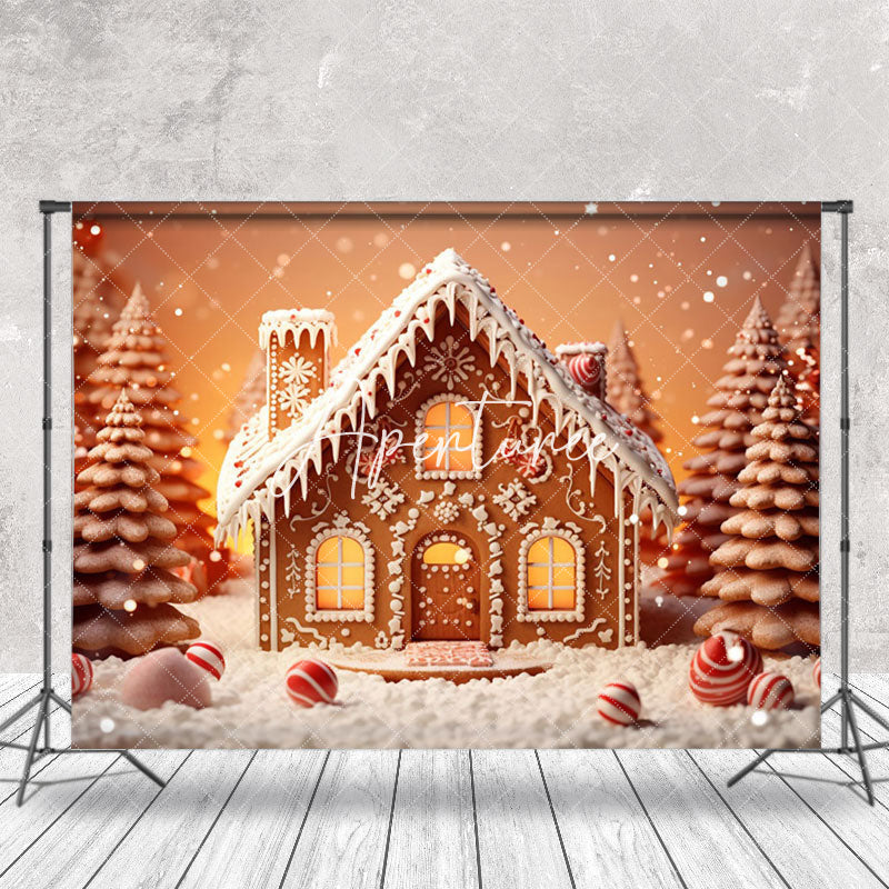 Aperturee - Aperturee Cute Snow Gingerbread House Tree Christmas Backdrop