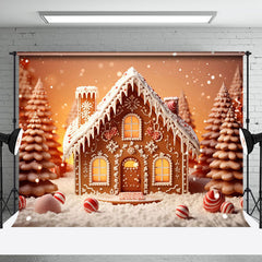 Aperturee - Aperturee Cute Snow Gingerbread House Tree Christmas Backdrop