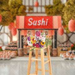 Aperturee - Aperturee Cute Sushi Store Trees Lantern Cake Smash Backdrop