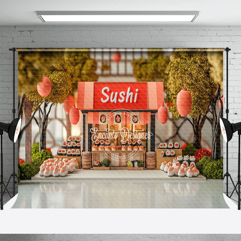 Aperturee - Aperturee Cute Sushi Store Trees Lantern Cake Smash Backdrop