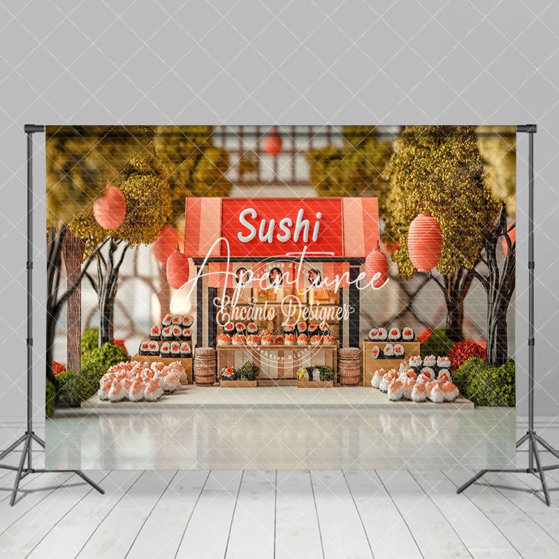 Aperturee - Aperturee Cute Sushi Store Trees Lantern Cake Smash Backdrop