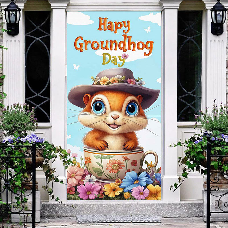 Aperturee - Aperturee Cute Tea Cup Floral Happy Groundhog Day Door Cover