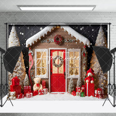 Aperturee - Aperturee Cute Wooden House Bear Xmas Tree Christmas Backdrop