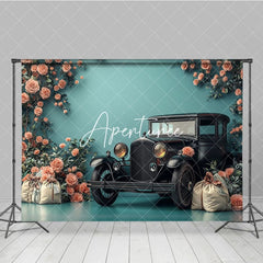 Aperturee - Aperturee Cyan Retro Floral Ancient Car Photography Backdrop