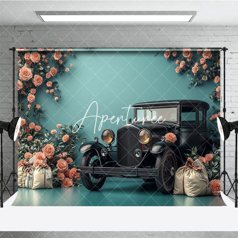 Aperturee - Aperturee Cyan Retro Floral Ancient Car Photography Backdrop