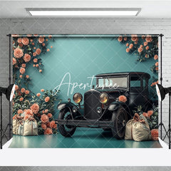 Aperturee - Aperturee Cyan Retro Floral Ancient Car Photography Backdrop