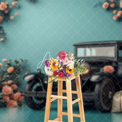 Aperturee - Aperturee Cyan Retro Floral Ancient Car Photography Backdrop