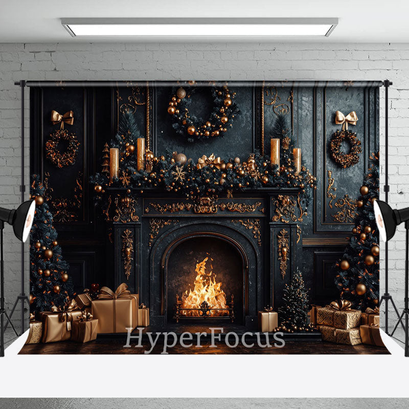 Aperturee - Aperturee Dark Black Gold Luxury Fireplace Christmas Backdrop