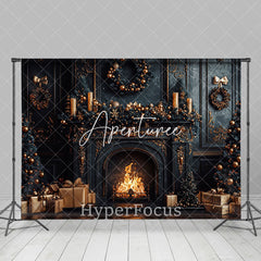 Aperturee - Aperturee Dark Black Gold Luxury Fireplace Christmas Backdrop