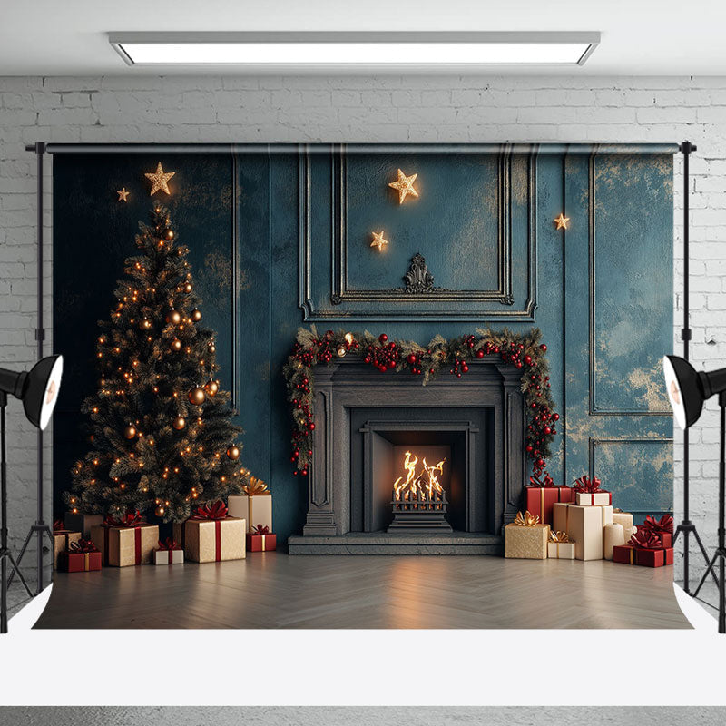 Aperturee - Aperturee Dark Blue Retro Wall Fireplace Christmas Backdrop