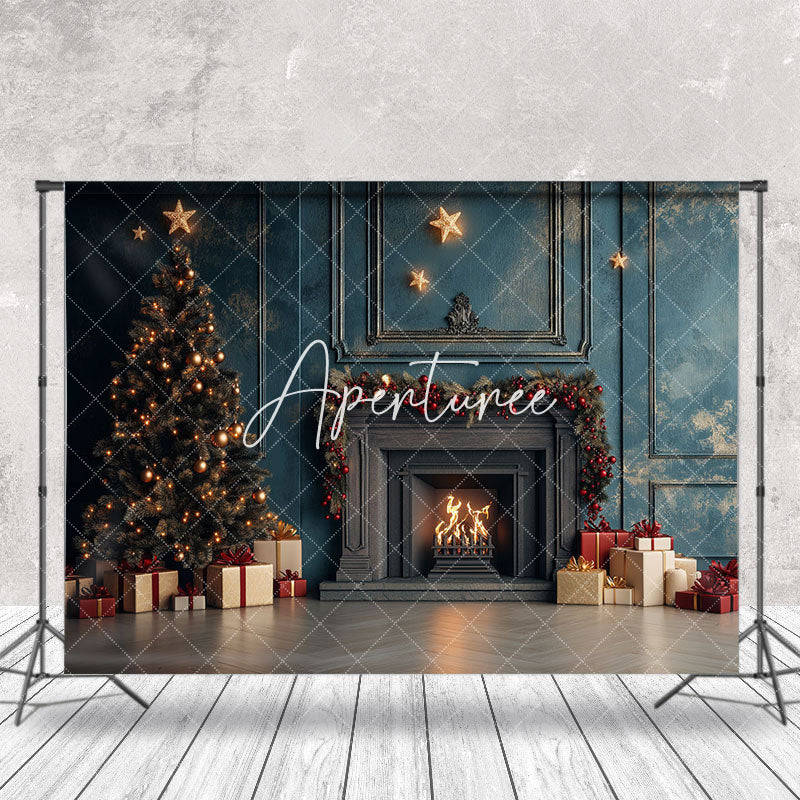 Aperturee - Aperturee Dark Blue Retro Wall Fireplace Christmas Backdrop