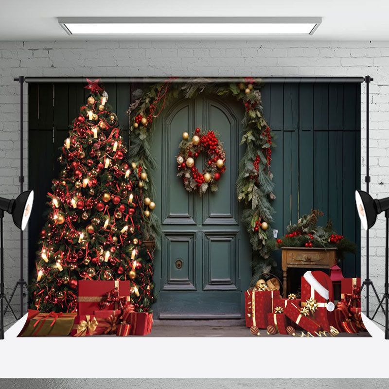 Aperturee - Aperturee Dark Green Retro Door Festive Christmas Backdrop