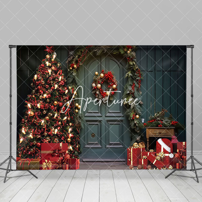 Aperturee - Aperturee Dark Green Retro Door Festive Christmas Backdrop