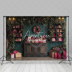 Aperturee - Aperturee Dark Green Wooden Wall Red Gift Box Xmas Backdrop