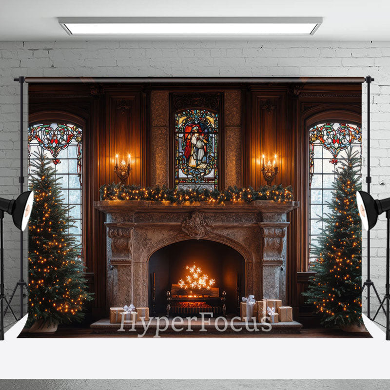 Aperturee - Aperturee Dark Light Fireplace Vintage Christmas Photo Backdrop