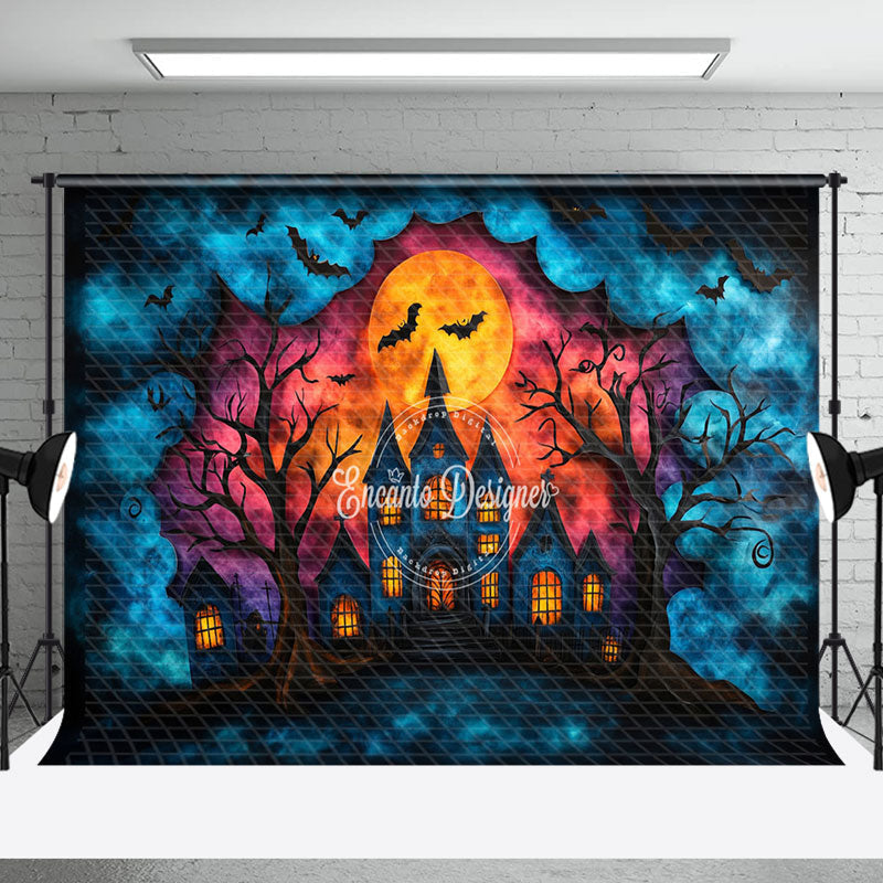 Aperturee - Aperturee Dark Moon Night Castle Bats Halloween Photo Backdrop