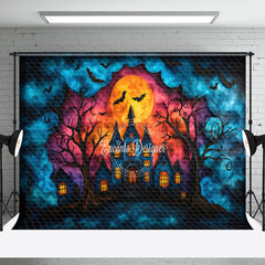 Aperturee - Aperturee Dark Moon Night Castle Bats Halloween Photo Backdrop