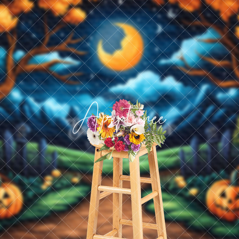 Aperturee - Aperturee Dark Moon Night Pumpkin Trees Halloween Backdrop