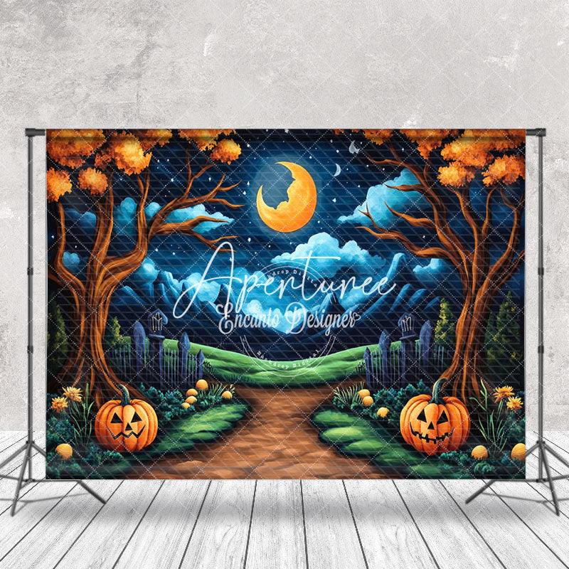 Aperturee - Aperturee Dark Moon Night Pumpkin Trees Halloween Backdrop