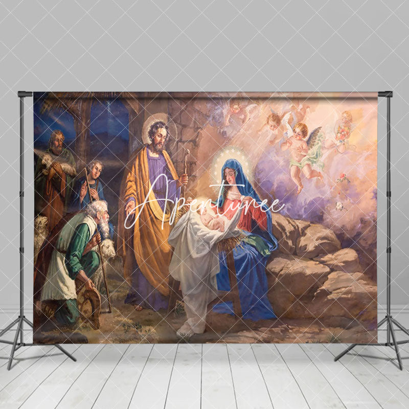 Aperturee - Aperturee Dark Night Angel Nativity Merry Christmas Backdrop