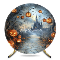 Aperturee - Aperturee Dark Night Castle Pumpkin Round Halloween Backdrop