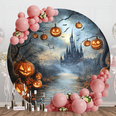 Aperturee - Aperturee Dark Night Castle Pumpkin Round Halloween Backdrop