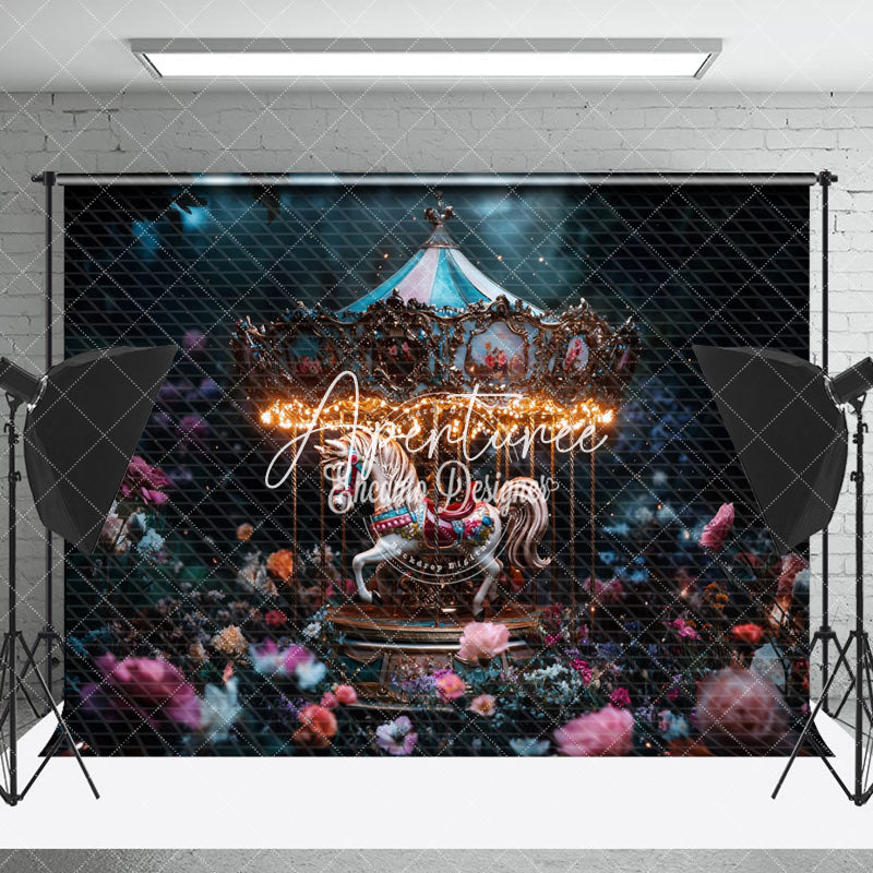 Aperturee - Aperturee Dark Night Floral Carousel Fine Art Photo Backdrop