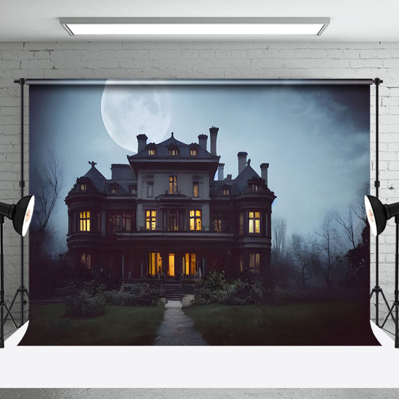 Aperturee - Aperturee Dark Night Moon Trees Light Villa Halloween Backdrop