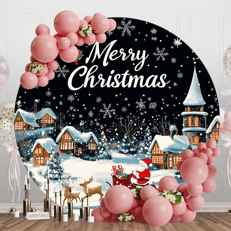 Aperturee - Aperturee Dark Night Snowy Town Santa Round Christmas Backdrop