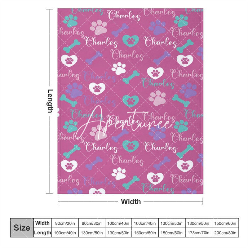 Aperturee - Aperturee Dark Pink Paw Print Bone Custom Pet Name Blanket