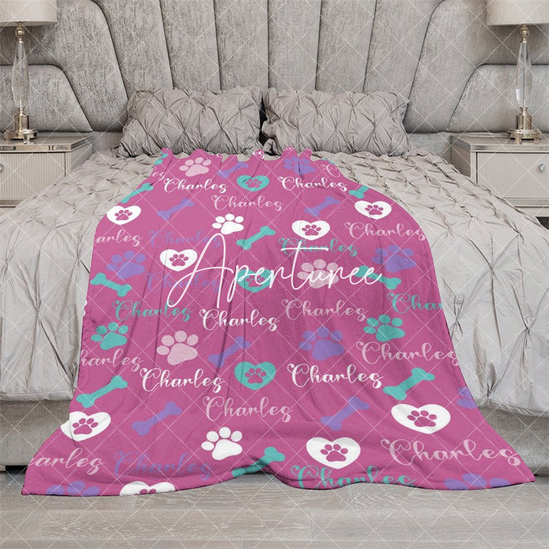 Aperturee - Aperturee Dark Pink Paw Print Bone Custom Pet Name Blanket