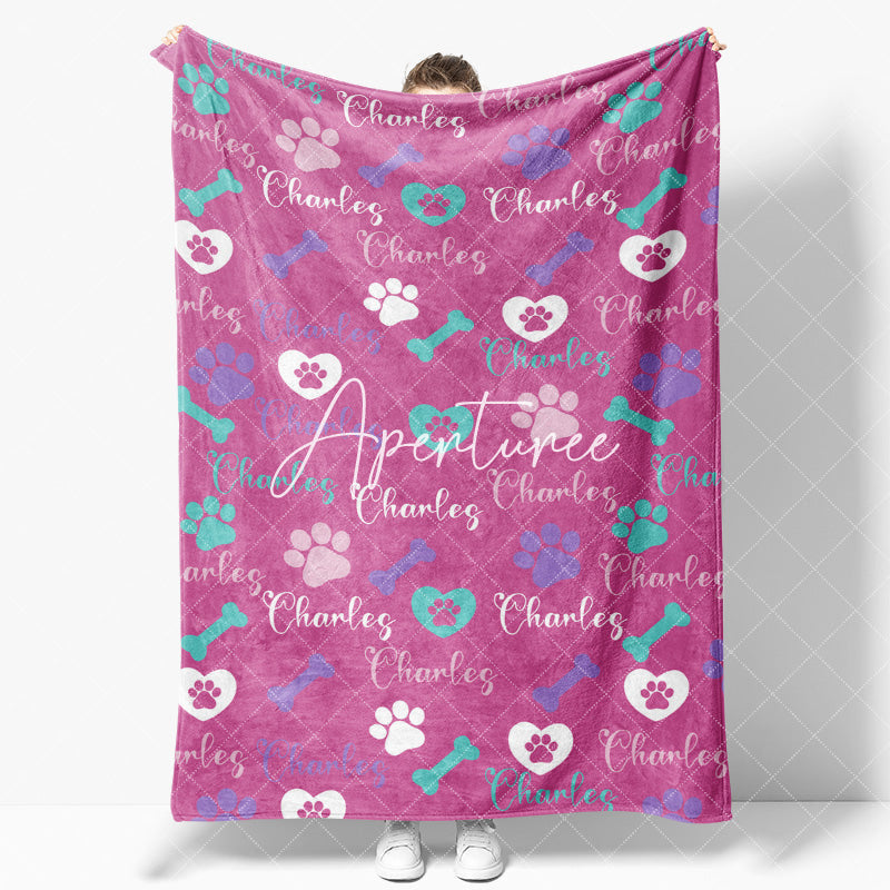 Aperturee - Aperturee Dark Pink Paw Print Bone Custom Pet Name Blanket